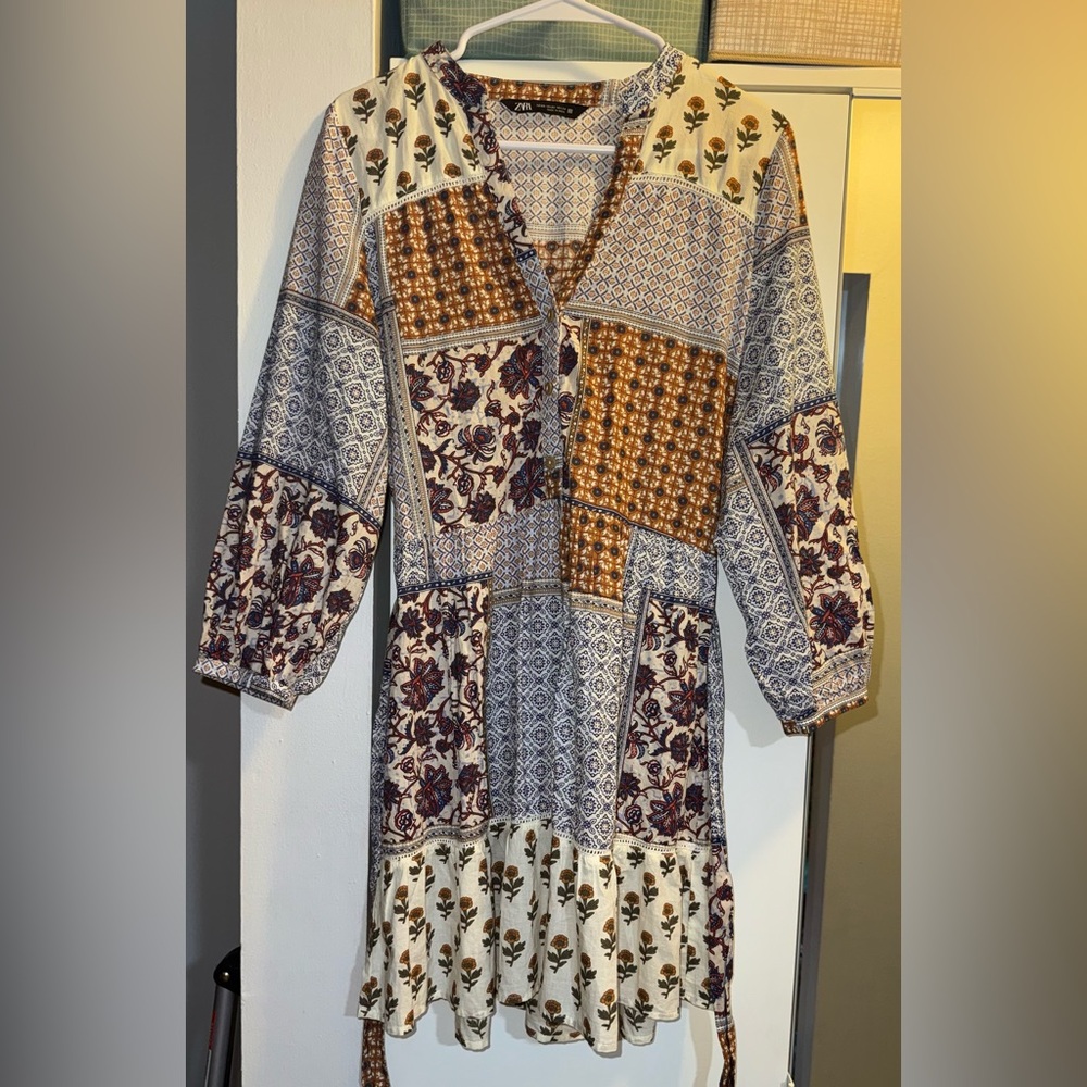 Zara Floral Patchwork Boho Belted Mini Dress XS